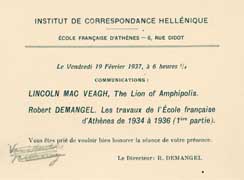 EFA 7 ADM n.c. : Carton d’invitation à la conférence donnée par L. MacVeagh à l'Institut de correspondance hellénique, 19 février 1937.