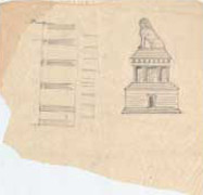 EFA plan n° 4869-1 : Croquis de l'élévation Ouest, essai de restitution du monument en mausolée à quatre colonnes et chambre funéraire, par H. Ducoux [c. 1936].