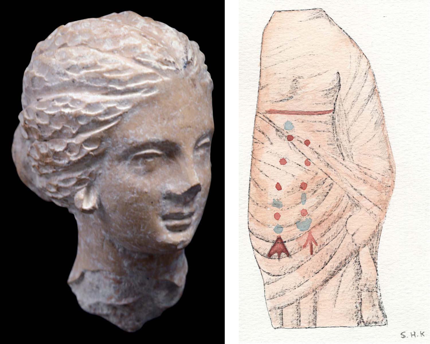 Sanctuaire, tête en « style de Tanagra » (Ph. Collet / Archives EFA, Y.1763) - Fragment de figurine polychrome, aquarelle (S. Hartmann / Archives EFA, 12827 [7])