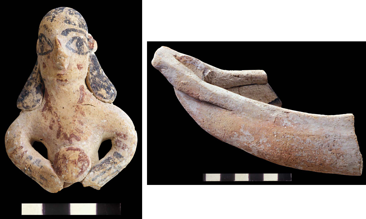 Palace, figurine of a woman with disc (Ph. Collet / Archives EFA, Y.2127) - Palace, boat fragment (Ph. Collet / Archives EFA, Y.2024)