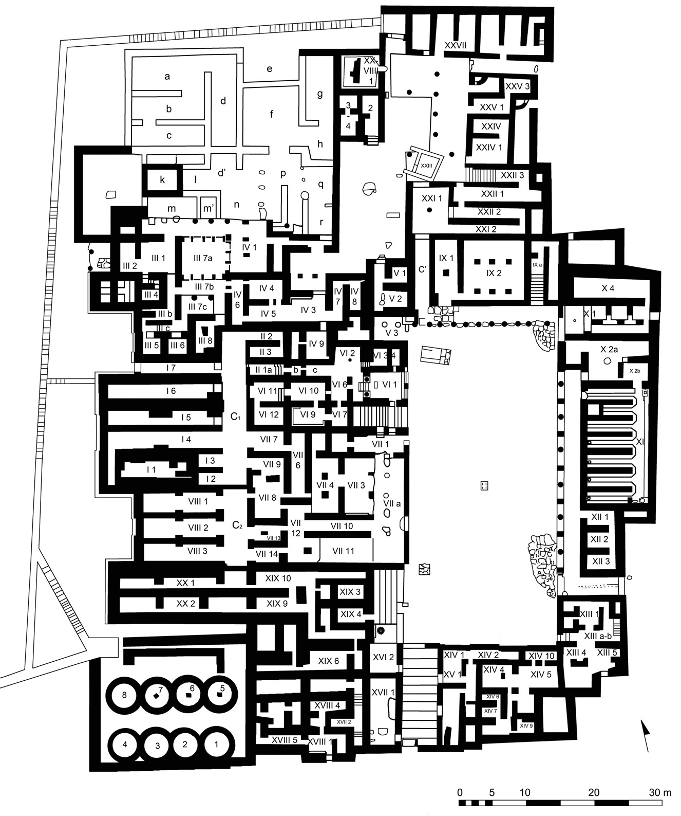 Figure 3. Plan du palais de Malia (phase finale), sur la base des plans dressés par E. Andersen (Pelon 1980, plan 28) et par M. Schmid et N. Rigopoulos (Pelon 2002, pl. XXXII). Les pièces (en chiffres arabes) sont précédées de la numérotation du Quartier auquel elles appartiennent (en chiffres romains) ©EFA