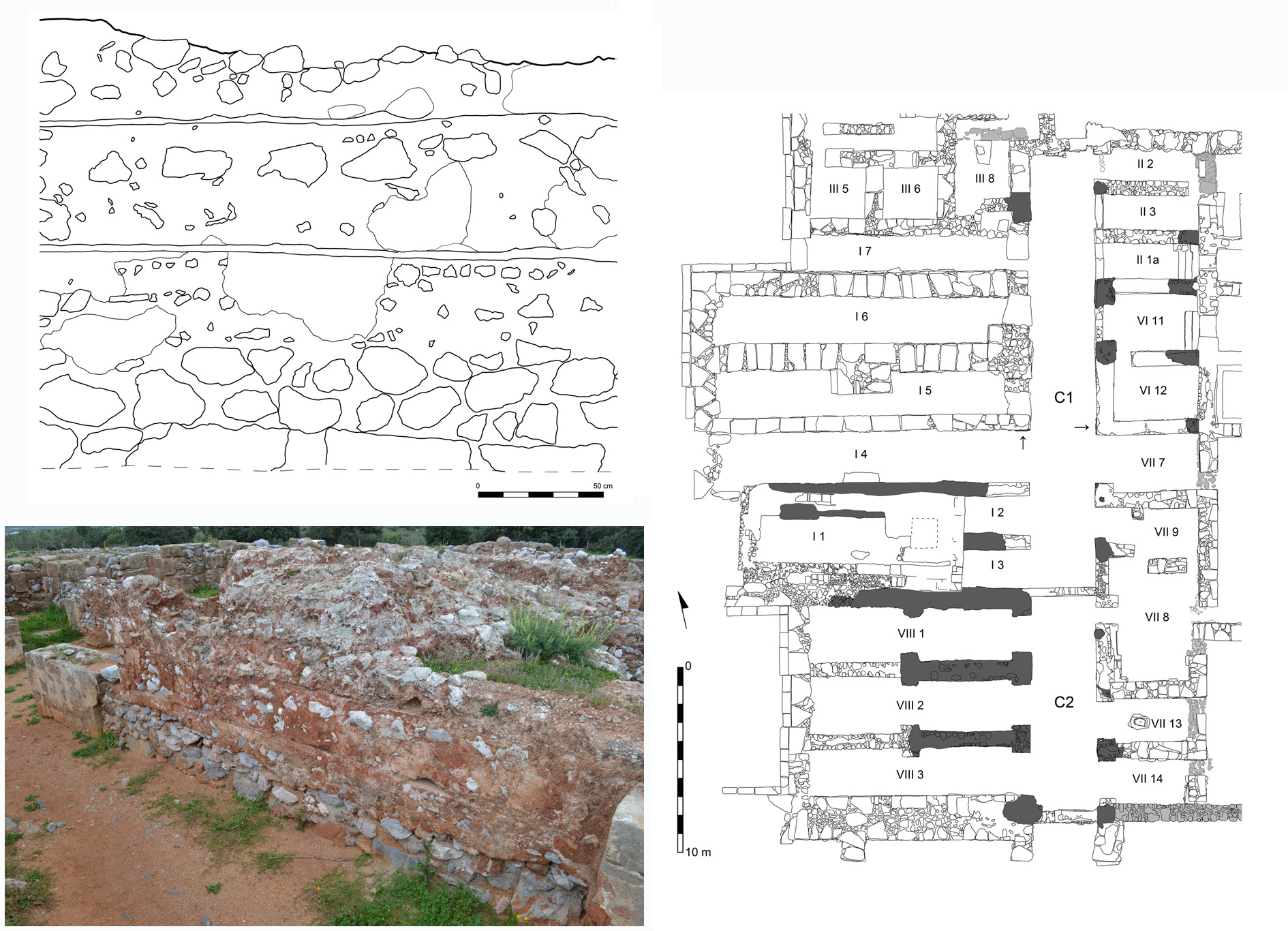 Figure 4. Relevé et vue d’un mur protopalatial en couches superposées de blocage (gauche) et plan des ‘Magasins Ouest’ du Palais avec la localisation de ces mêmes murs en gris foncé (droite) (M. Devolder et K. Papachrysanthou) ©EFA