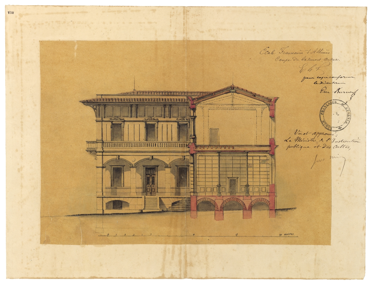 Élévation et coupe du bâtiment principal de l’École française d’Athènes, ca. 1872. Université de Lorraine, fonds Burnouf 41-2, 7