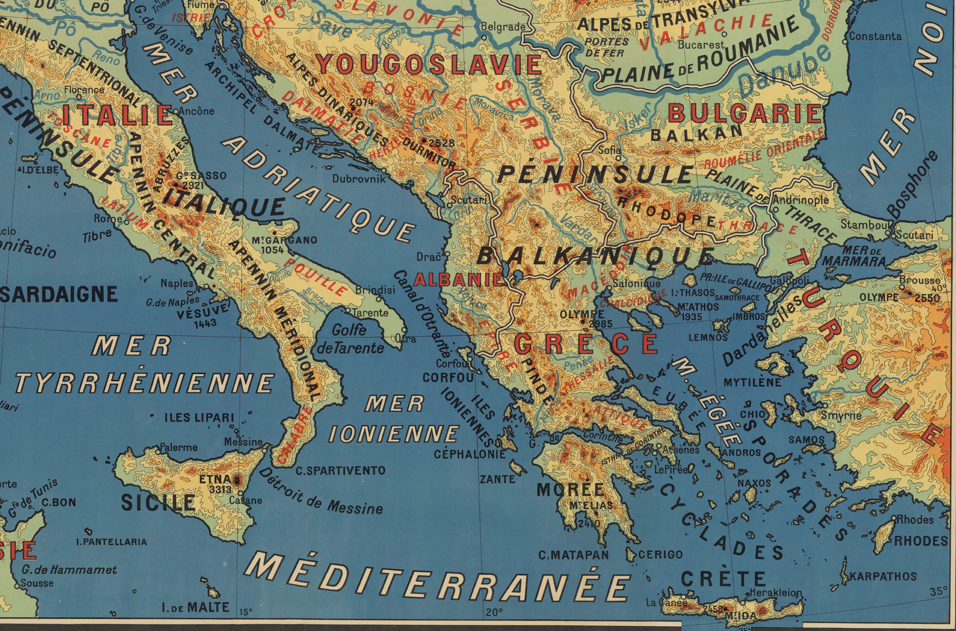 Europe centrale et méridionale (carte physique 1 : 2 500 000) par Jean Brunhes. Source gallica.bnf.fr / BnF