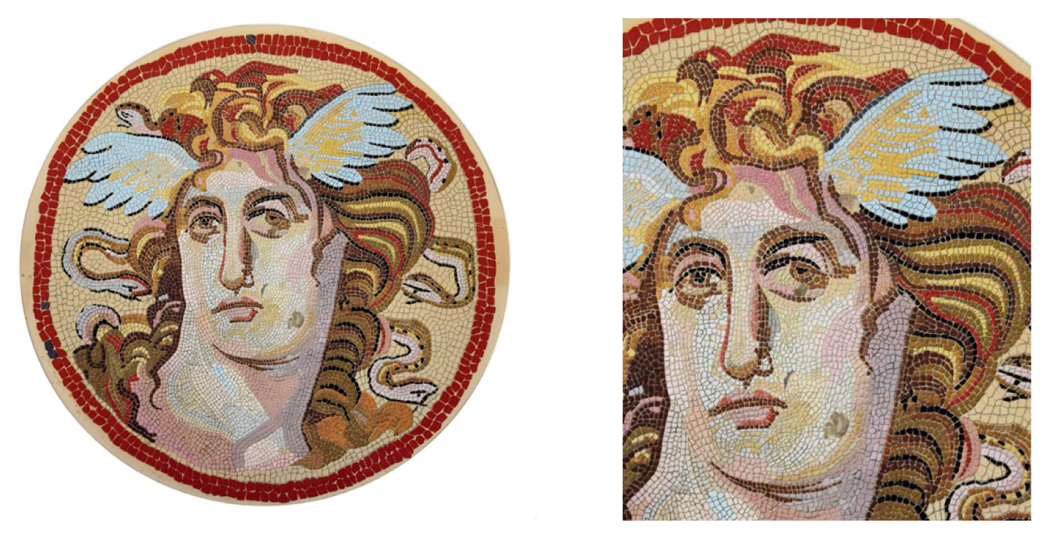 Médaillon de mosaïque, tête de Méduse (EFA-FEG_G_13_0067) (Gouache sur papier, 75.1 x 74.9 cm) / Photographie :  T. Dalouka, retouche : Ch. Mitsopoulou