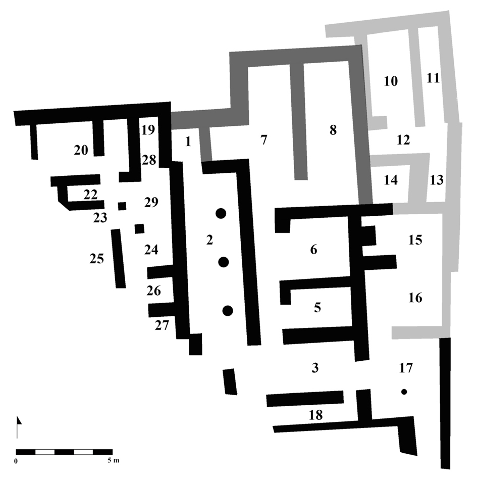 Fig. 2. Plan schématique de la séquence de construction du Bâtiment Dessenne, d’après le plan dressé en 2012 par M. Devolder et L. Fadin ©EFA