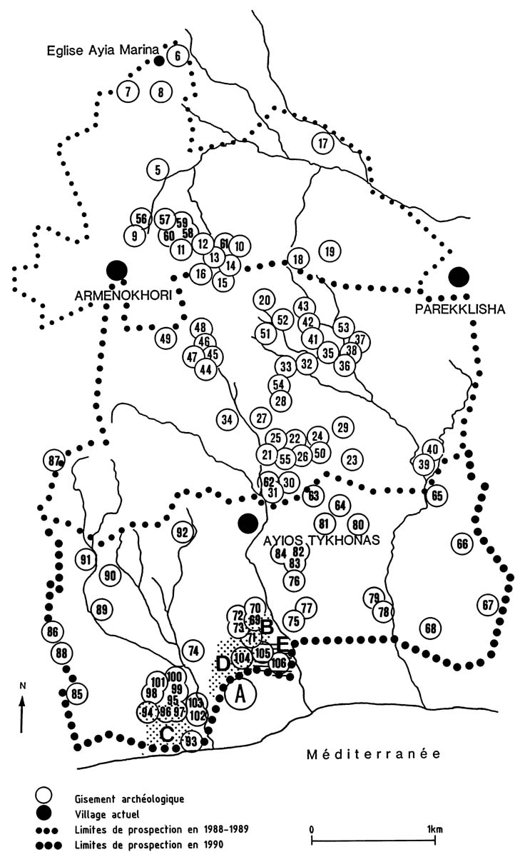 Carte des sites reperés par la prospection (Ch. Petit-Aupert, P. Aupert / Archives EFA, 21301)