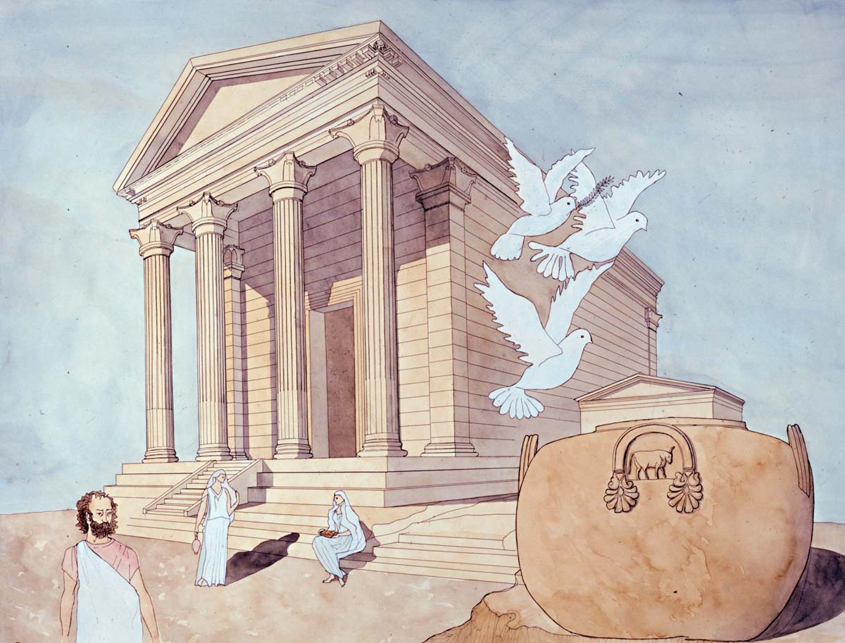 Reconstruction of the temple, watercolour (Fl. Babled, M. Schmid / Archives EFA, 23521)